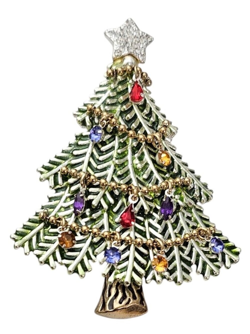 Avon 5th Christmas Tree Brooch, Pique A Jour Style Dangle Bulb Charm Pin L603